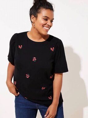 LOFT Black Short-Sleeve Top with Red Floral Embroidery Size M